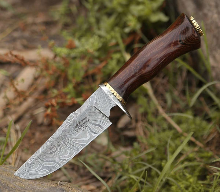 Damascus Knife - Exterminator Deer Hunting Knife with Exotic Wenge Wood Handle - Shokunin USA