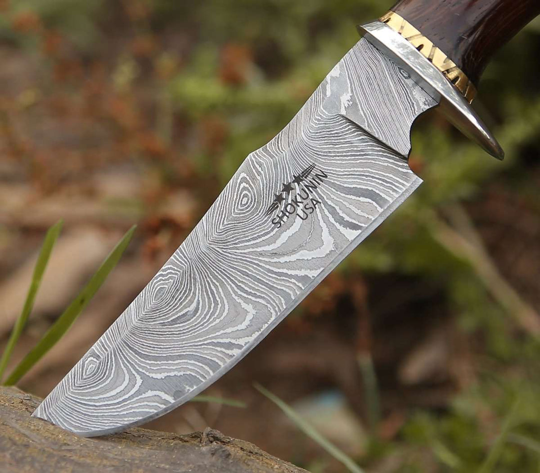 Panther Damascus Knife - Panther Hunting Knife with Exotic Wenge Wood Handle - Shokunin USA