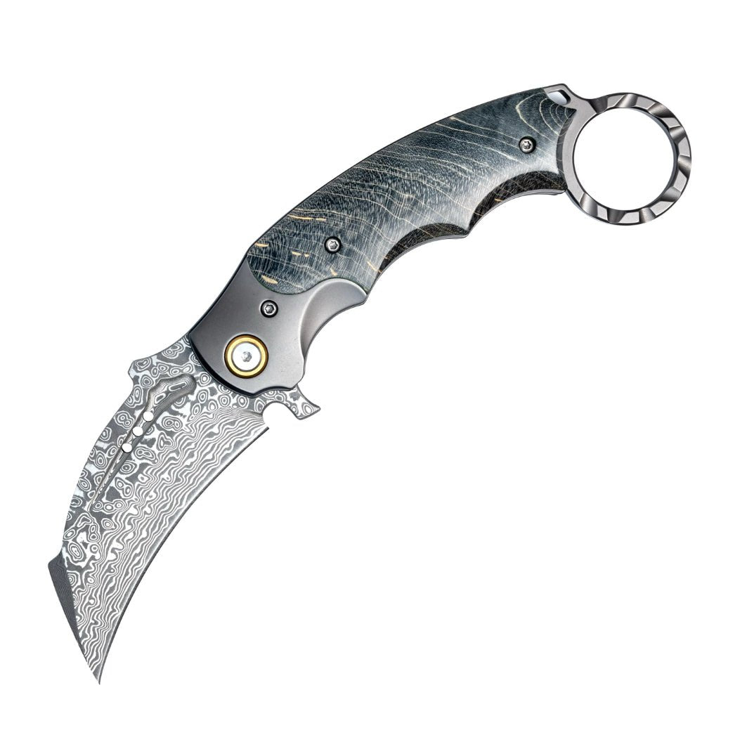 Falcon Pocket Knife – Falcon Japanese Damascus Pocket Knife with Exotic Stained Maple Burl Handle – shokuninusa