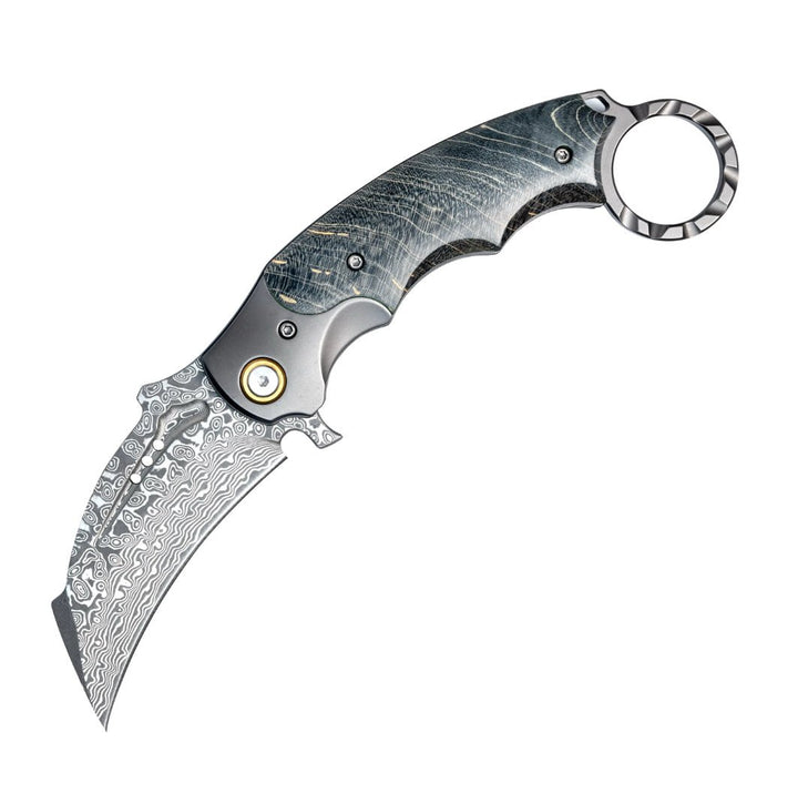 Falcon Pocket Knife – Falcon Japanese Damascus Pocket Knife with Exotic Stained Maple Burl Handle – shokuninusa