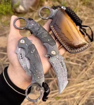 Damascus Falcon Knife – Falcon Japanese Damascus Pocket Knife with Exotic Stained Maple Burl Handle – shokuninusa