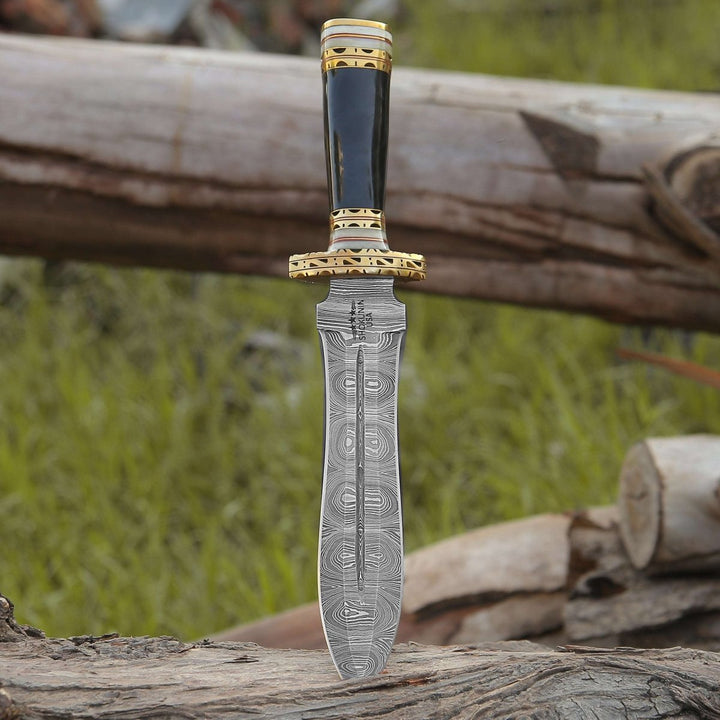 Fear Bowie Knife – Fear Damascus Fixed Blade Hunting Knife with Bull Horn &amp; Brass Handle – shokuninusa