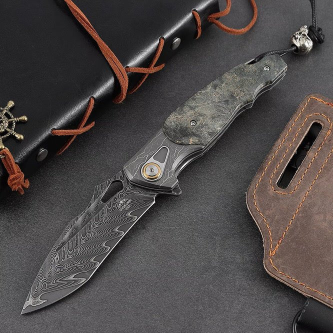 Feoh Pocket Knives – Feoh Japanese Damascus Pocket Knife VG10 with Stained Maple Burl Handle – shokuninusa