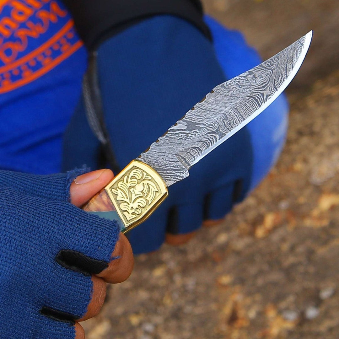 Flashblade Handmade Damascus Best EDC Pocket Knife with Leather Sheath &amp; Olive Wood Handle - Shokunin USA