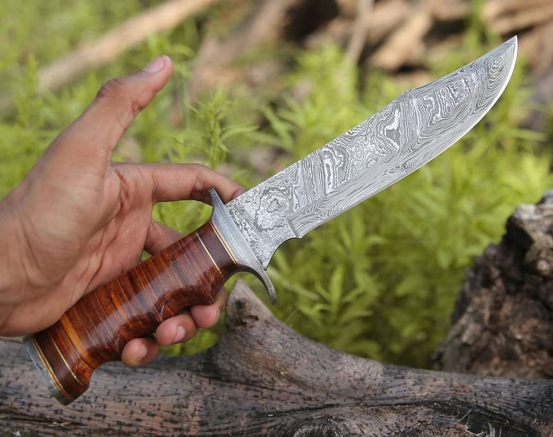 handcrafted bowie knife - Flux Damascus Bowie Knife with Stacked Leather Handle &amp; Leather Sheath - Shokunin USA