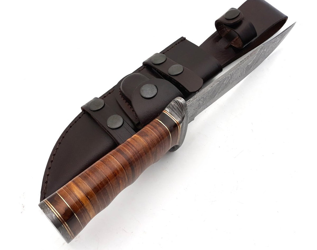 artisan made bowie knife - Flux Damascus Bowie Knife with Stacked Leather Handle &amp; Leather Sheath - Shokunin USA