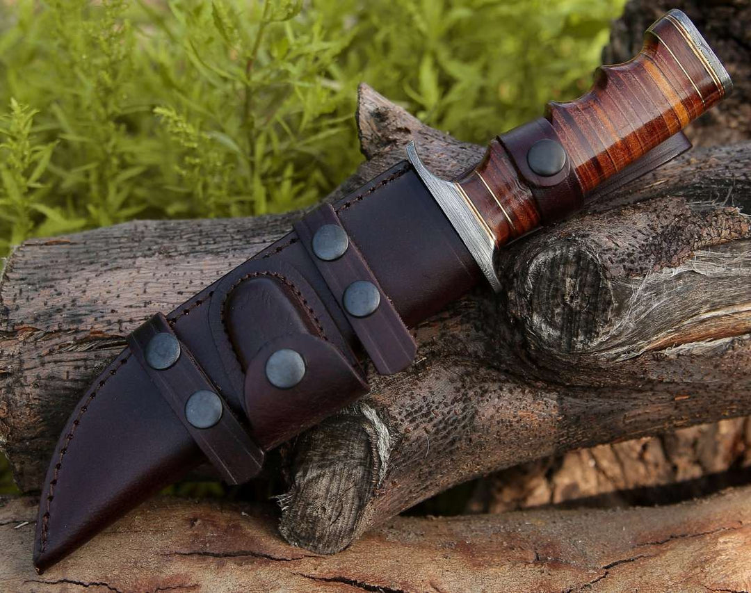 damascus steel bowie knife - Flux Damascus Bowie Knife with Stacked Leather Handle &amp; Leather Sheath - Shokunin USA