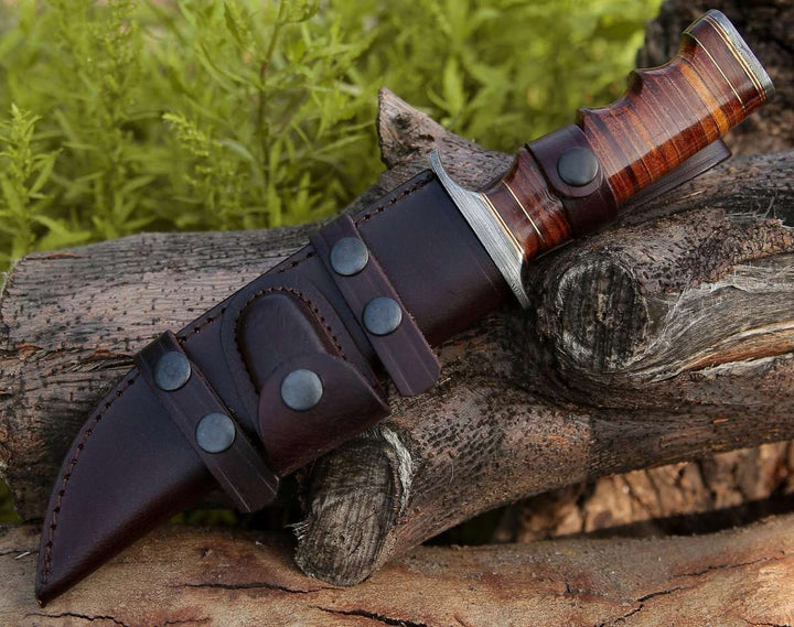 damascus steel bowie knife - Flux Damascus Bowie Knife with Stacked Leather Handle &amp; Leather Sheath - Shokunin USA