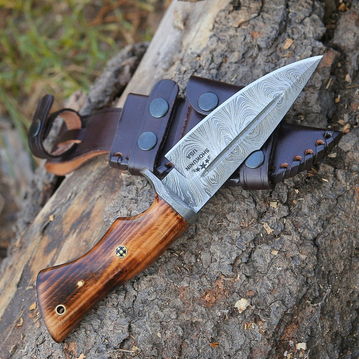 Frontier Hunting Knives - Frontier Custom Damascus Steel Knife with Charred Oak Wood Handle - Shokunin USA