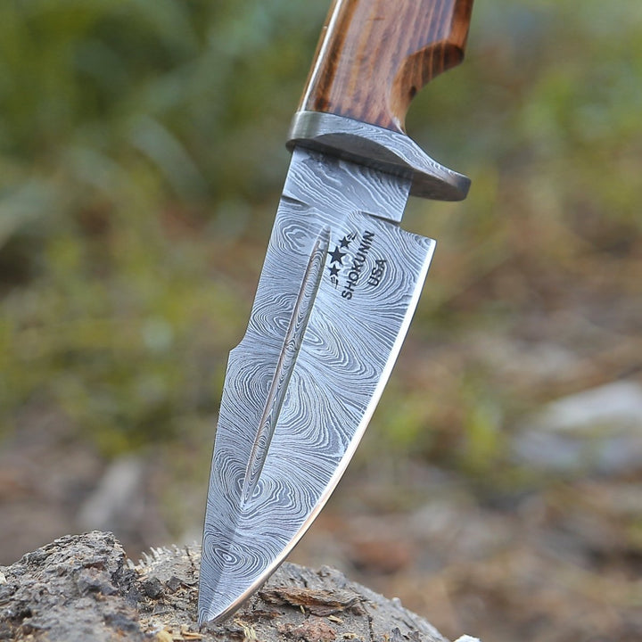 Frontier Hunting Knife - Frontier Custom Damascus Steel Knife with Charred Oak Wood Handle - Shokunin USA