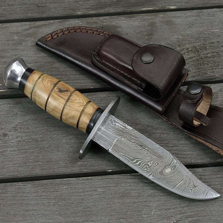 Utility Knife - Frontier Damascus Military Knife with Exotic Olive Wood Handle - Shokunin USA