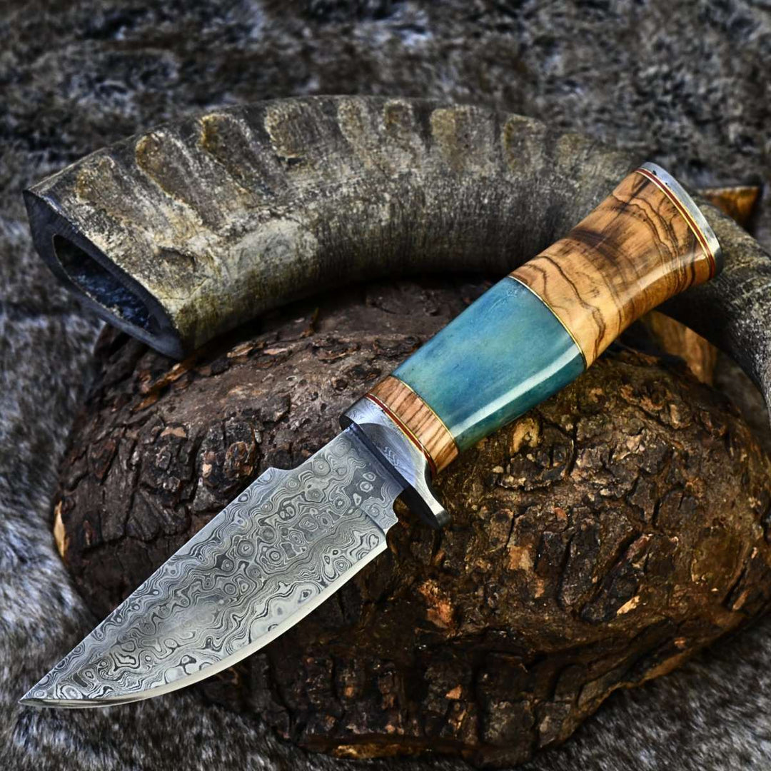 Frost Hunting Knife – Frost Damascus Hunting Knife with Olive Wood &amp; Bone Handle – shokuninusa