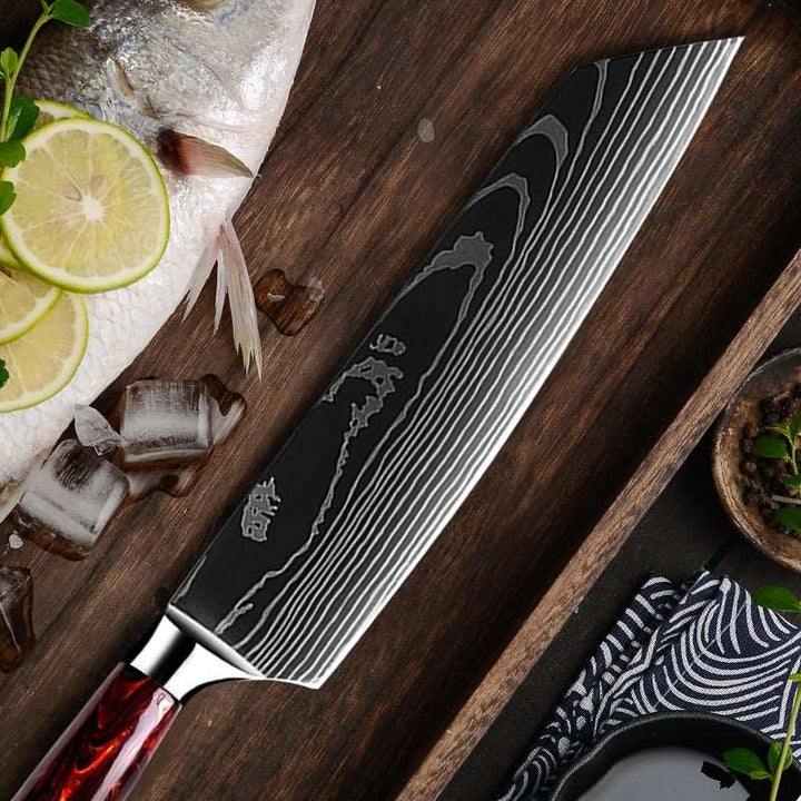 Chef Knife Set - Fujin 10 Pcs Handmade Chef's Knife Damascus Pattern HC Steel Chef's Set with Sheath - Shokunin USA