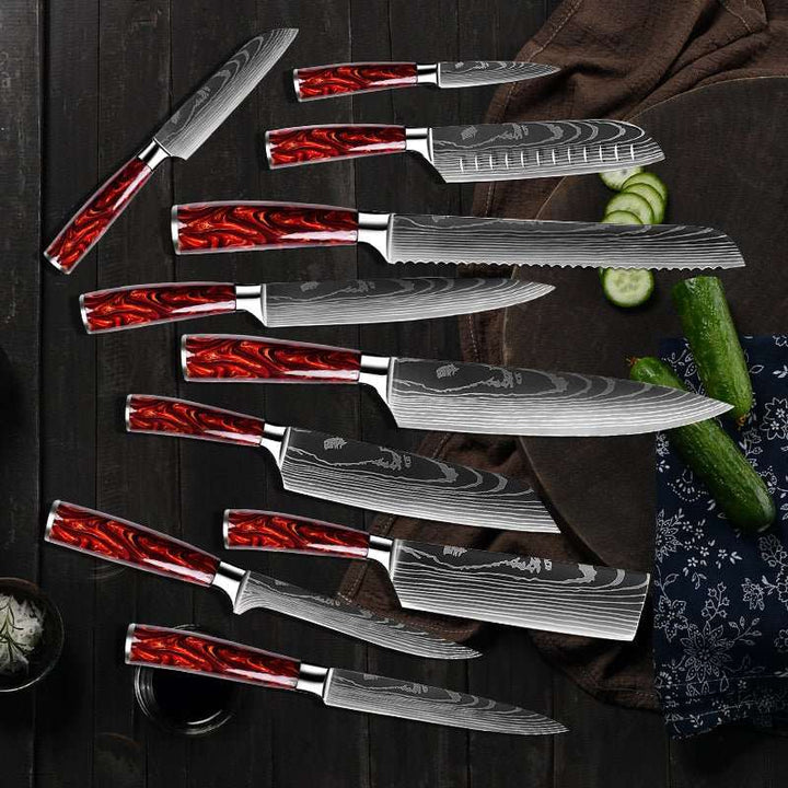 Chef Knife Set - Fujin 10 Pcs Handmade Chef's Knife Damascus Pattern HC Steel Chef's Set with Sheath - Shokunin USA