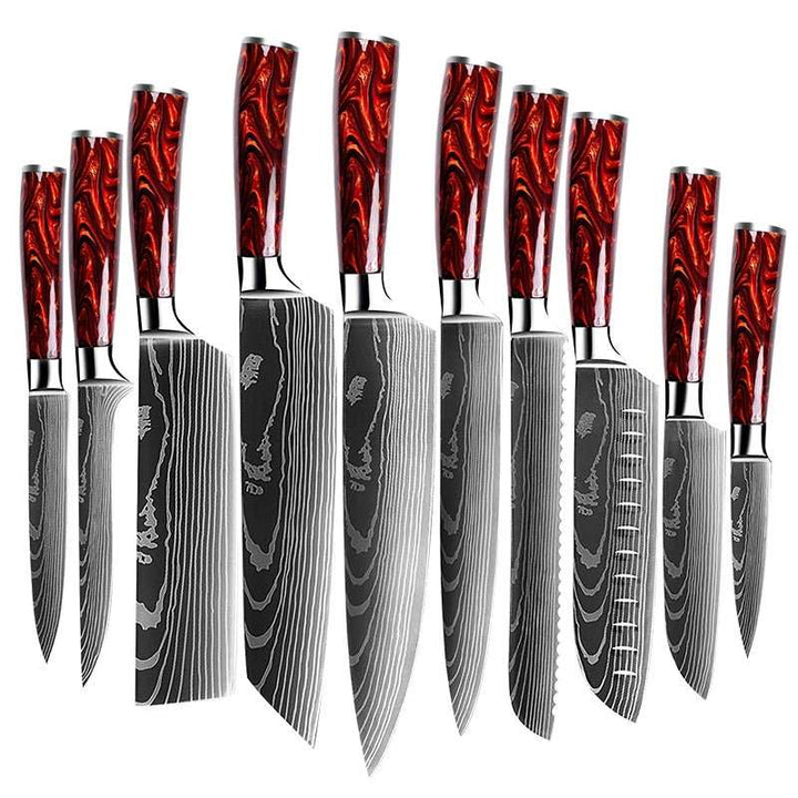 Chef Knife Set - Fujin 10 Pcs Handmade Chef's Knife Damascus Pattern HC Steel Chef's Set with Sheath - Shokunin USA