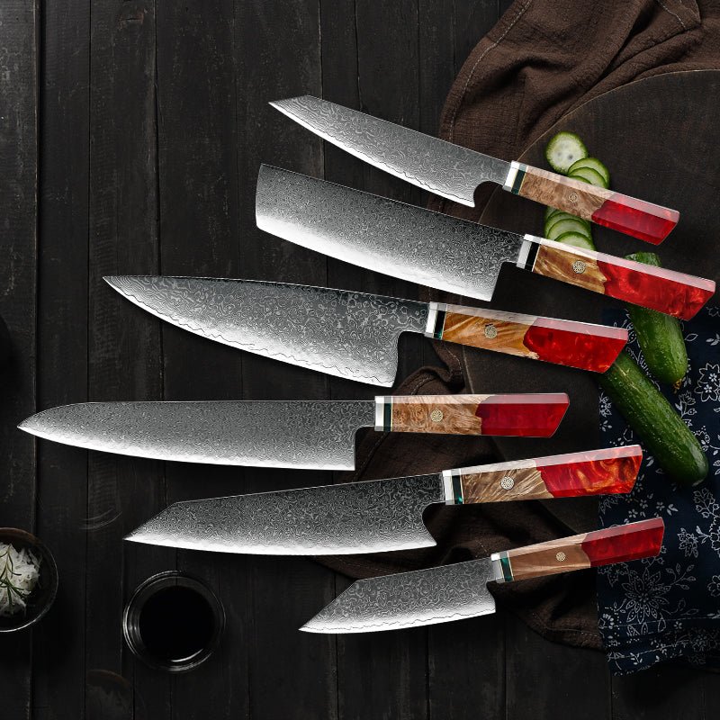 Fury Damascus Knives - Fury Knife Set 6 Piece VG10 Damascus Steel with Exotic Maple Burl Wood &amp; Resin Handle - Shokunin USA
