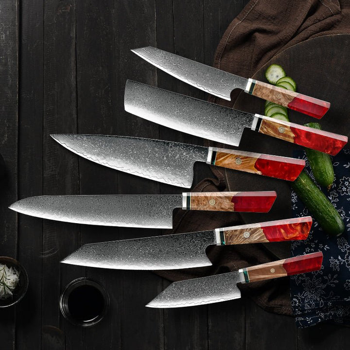 Fury Damascus Knives - Fury Knife Set 6 Piece VG10 Damascus Steel with Exotic Maple Burl Wood &amp; Resin Handle - Shokunin USA
