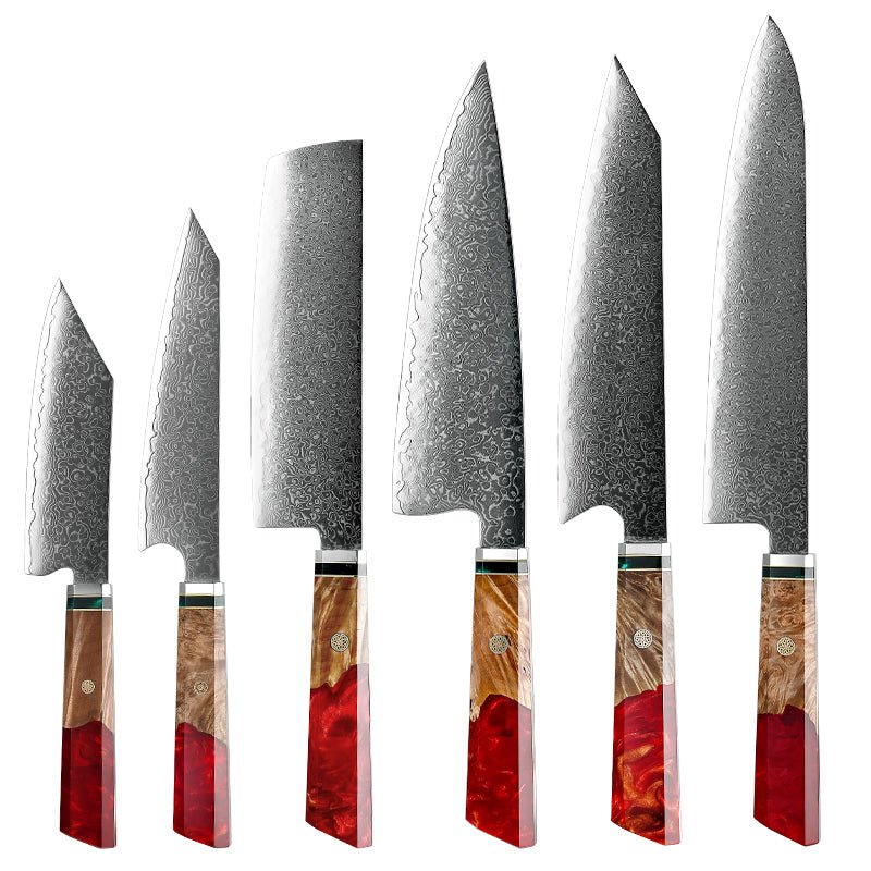 Fury Knives - Fury Knife Set 6 Piece VG10 Damascus Steel with Exotic Maple Burl Wood &amp; Resin Handle - Shokunin USA