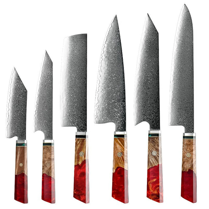 Fury Knives - Fury Knife Set 6 Piece VG10 Damascus Steel with Exotic Maple Burl Wood &amp; Resin Handle - Shokunin USA