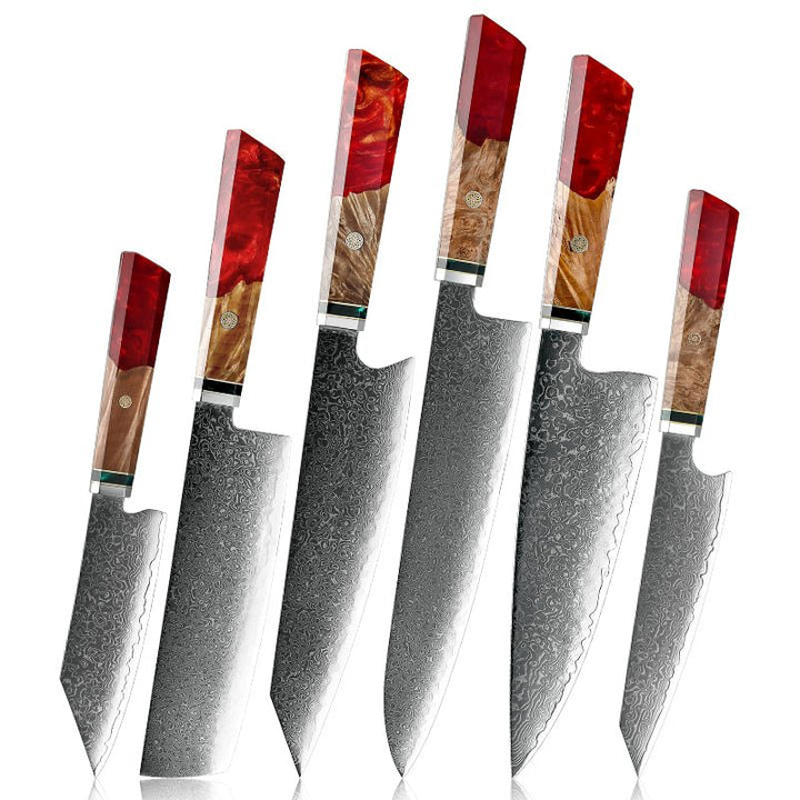 Fury Knife Set - Fury Knife Set 6 Piece VG10 Damascus Steel with Exotic Maple Burl Wood &amp; Resin Handle - Shokunin USA