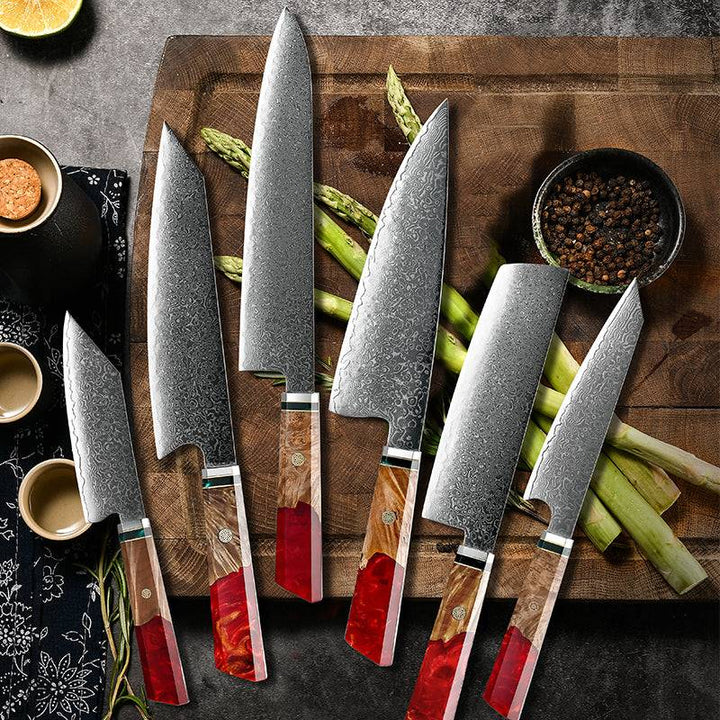 Fury Knife - Fury Knife Set 6 Piece VG10 Damascus Steel with Exotic Maple Burl Wood &amp; Resin Handle - Shokunin USA