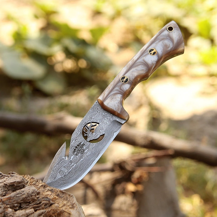 Fusion Gut Knives – Fusion Gut Hook Damascus Hunting Knife with Mother of Pearl Handle – shokuninusa