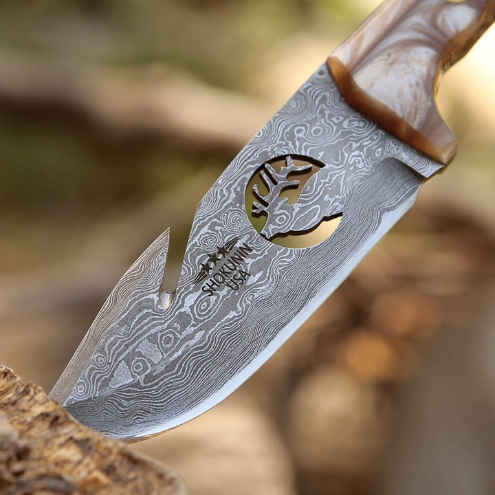 Personalized Leather Knives – Fusion Gut Hook Damascus Hunting Knife with Mother of Pearl Handle – shokuninusa
