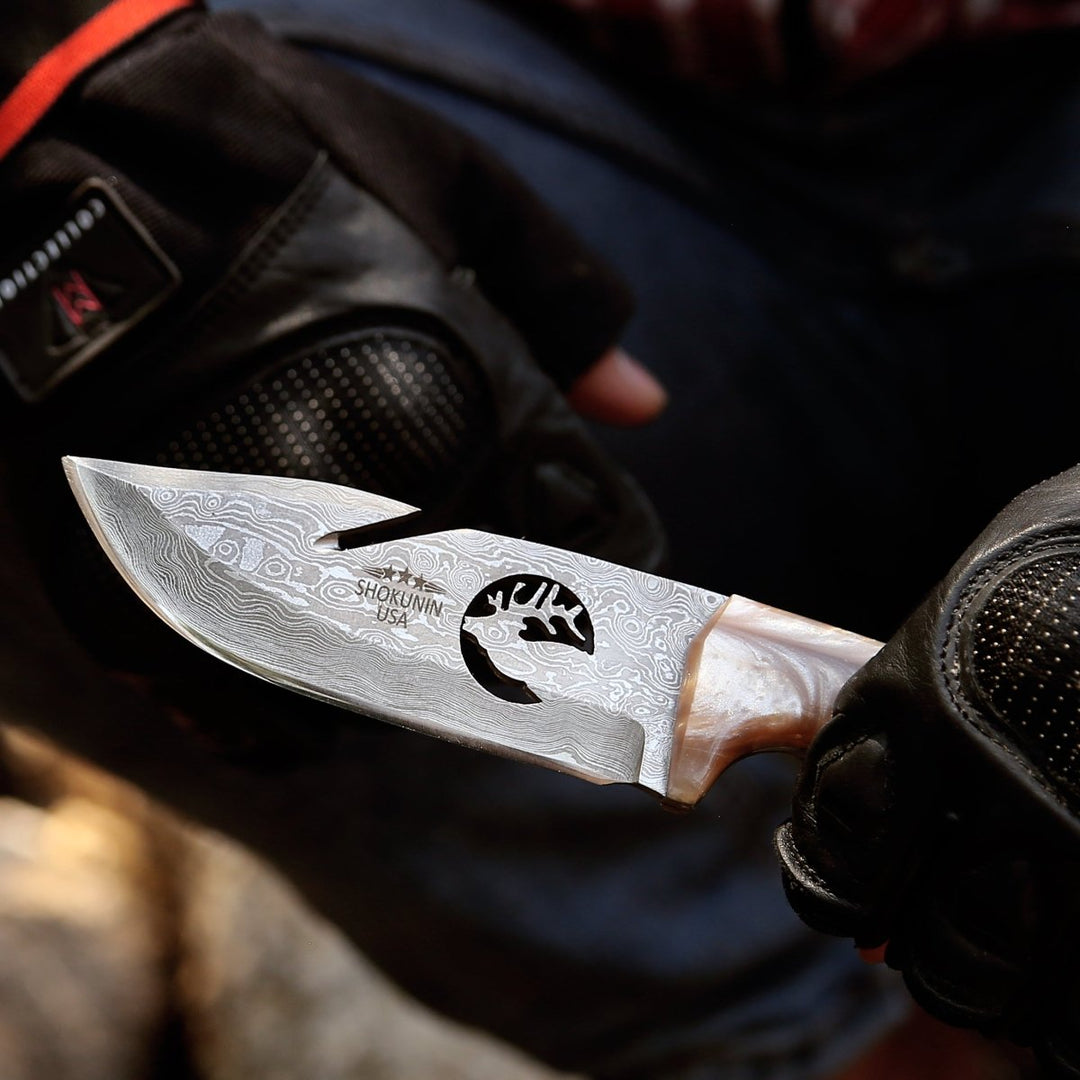 Leather Personalized Knives – Fusion Gut Hook Damascus Hunting Knife with Mother of Pearl Handle – shokuninusa