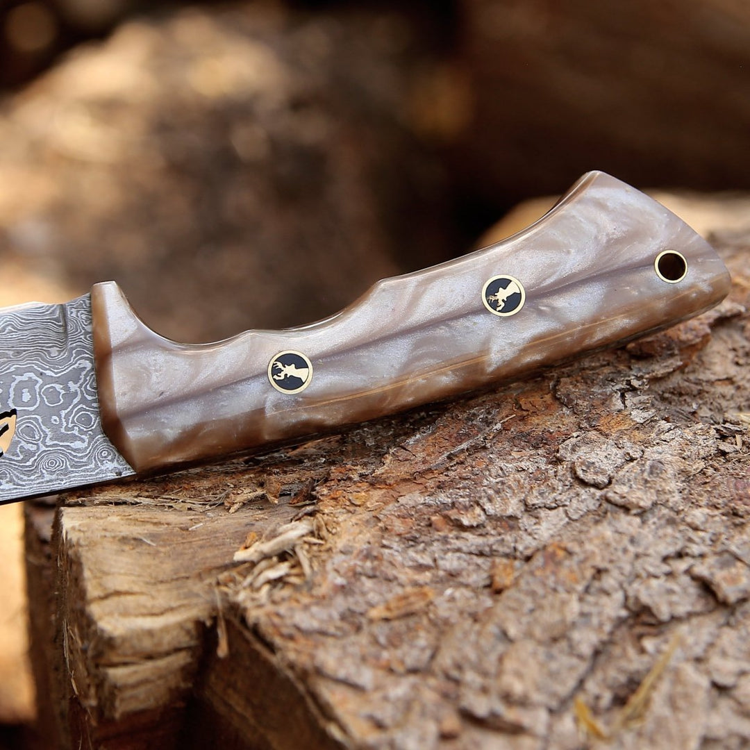 Leather Personalized Knife – Fusion Gut Hook Damascus Hunting Knife with Mother of Pearl Handle – shokuninusa