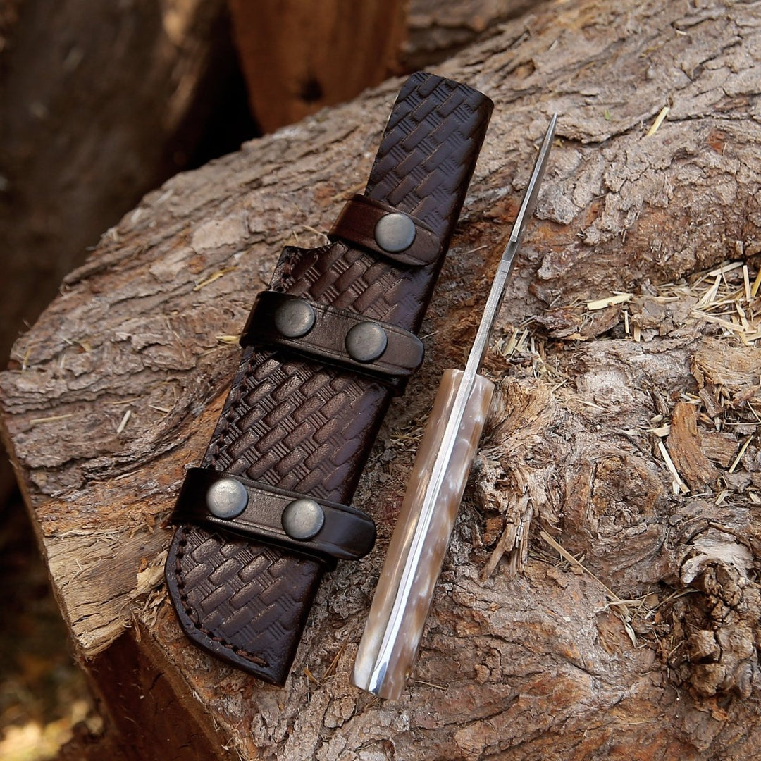 Leather Forged Knife – Fusion Gut Hook Damascus Hunting Knife with Mother of Pearl Handle – shokuninusa