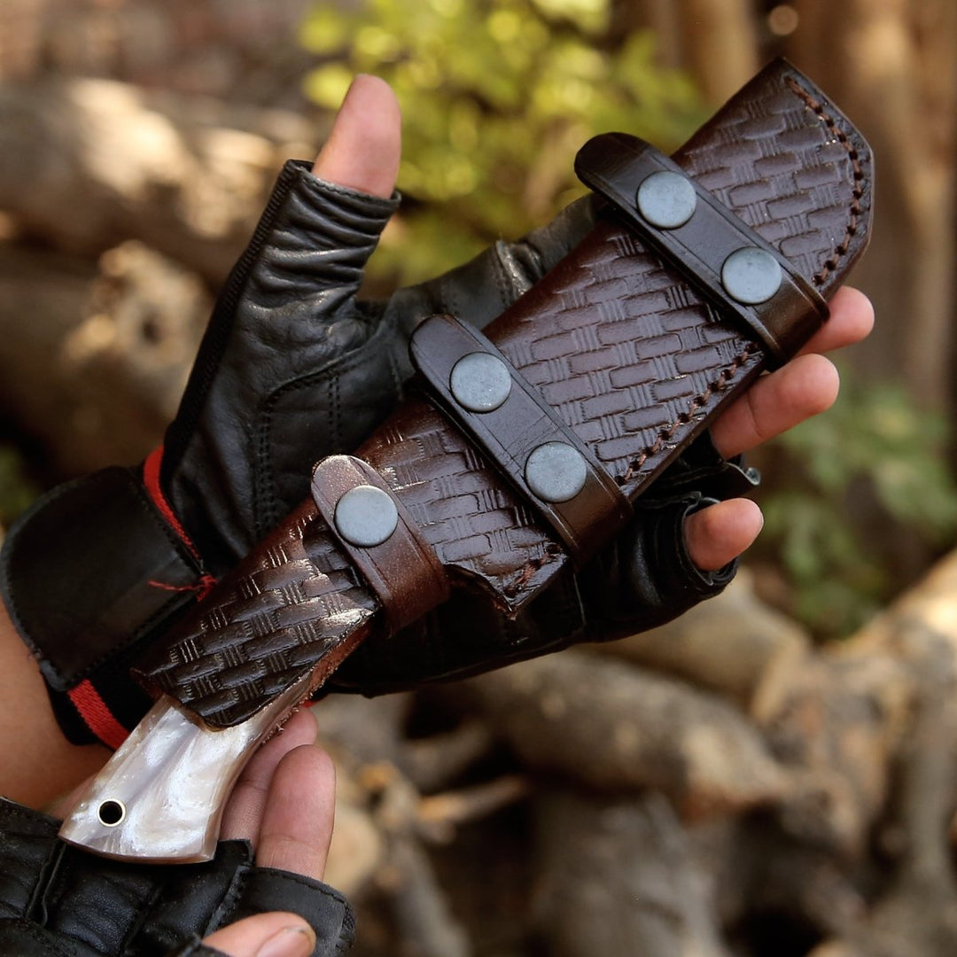 Leather Forged Knives – Fusion Gut Hook Damascus Hunting Knife with Mother of Pearl Handle – shokuninusa