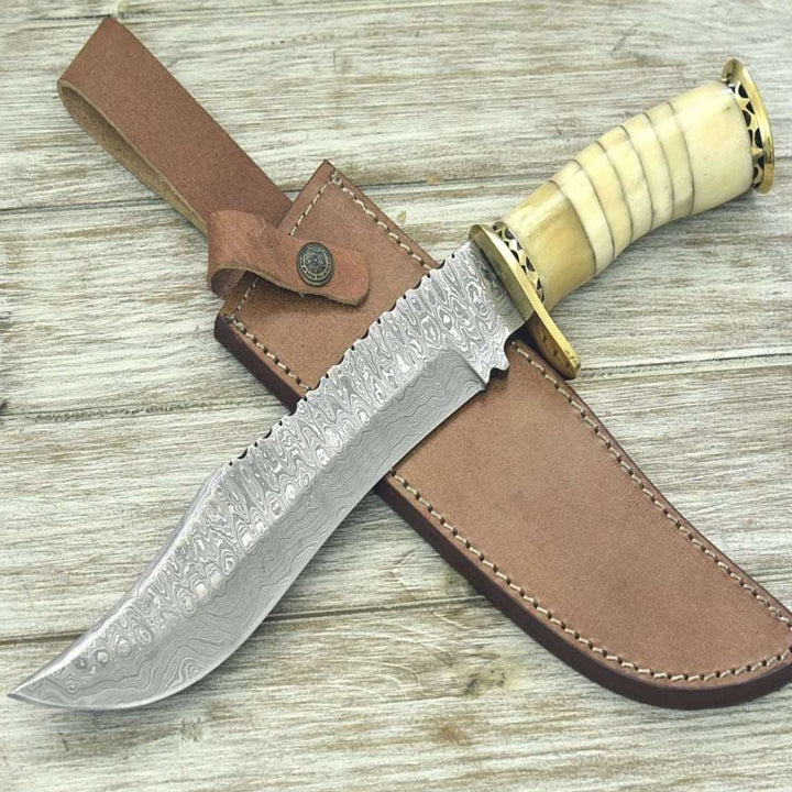 Damascus Knife - Glimmer - Damascus Bowie Knife with Bone Mosaic Handle - Shokunin USA