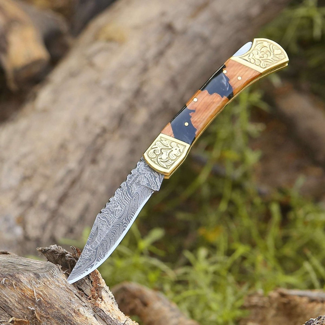 Goldenbolt Handmade Damascus EDC Knife with Leather Sheath &amp; Olive Wood Handle - Shokunin USA