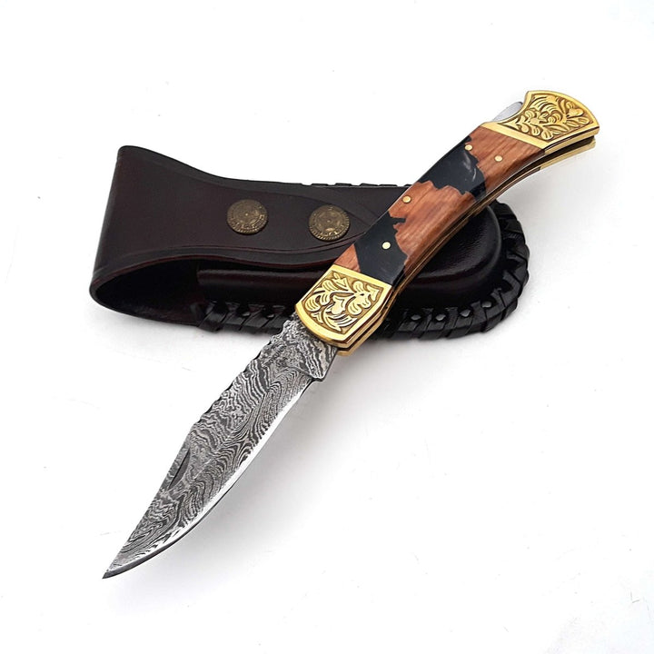 Goldenbolt Handmade Damascus EDC Knife with Leather Sheath &amp; Olive Wood Handle - Shokunin USA