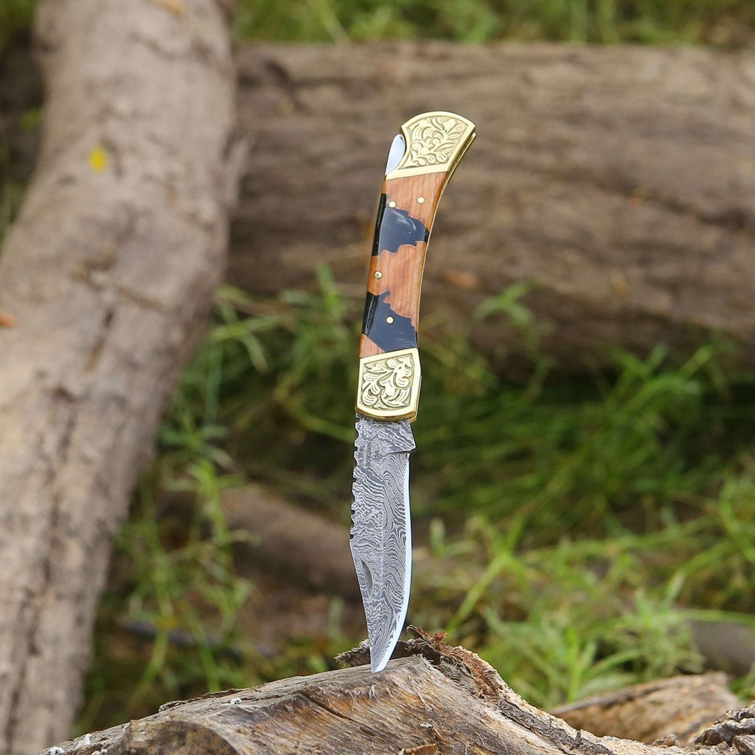 Goldenbolt Handmade Damascus EDC Knife with Leather Sheath &amp; Olive Wood Handle - Shokunin USA