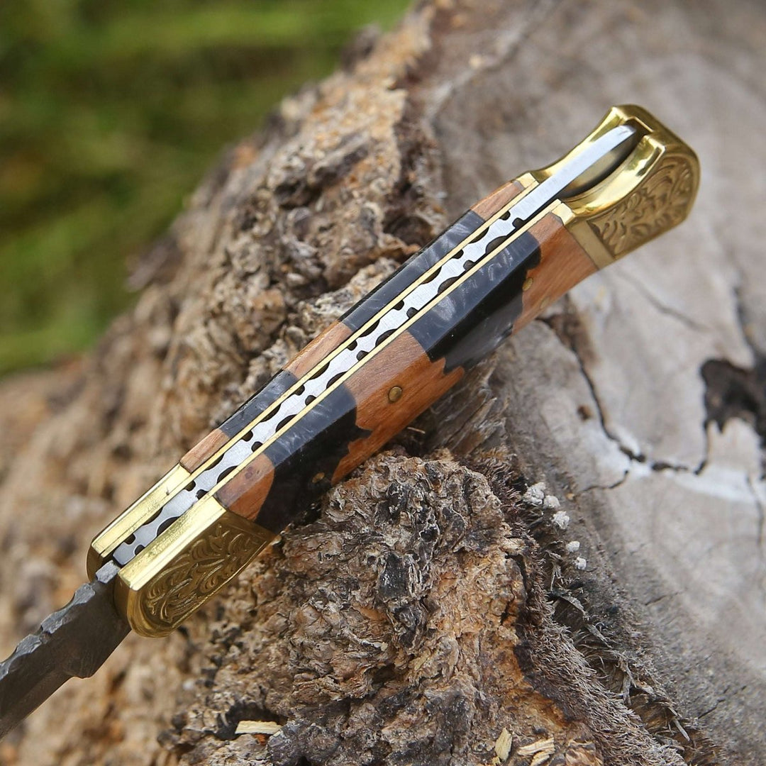 Goldenbolt Handmade Damascus EDC Knife with Leather Sheath &amp; Olive Wood Handle - Shokunin USA