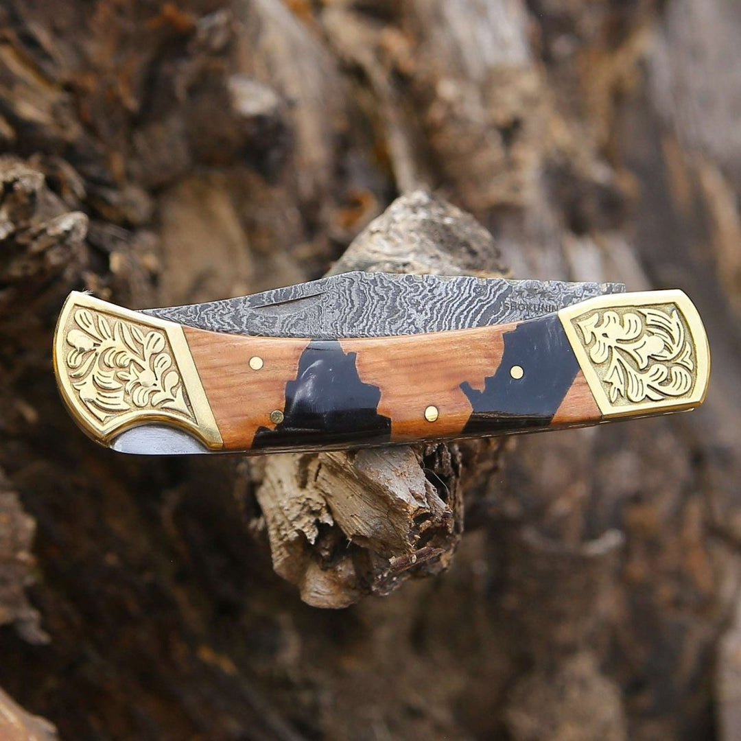Goldenbolt Handmade Damascus EDC Knife with Leather Sheath &amp; Olive Wood Handle - Shokunin USA