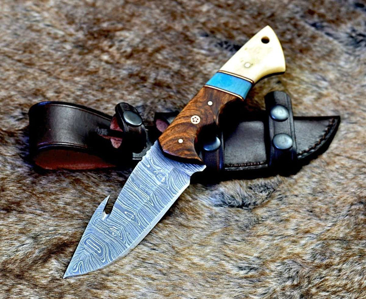 Gravity Hunting Knife – Gravity Damascus Gut Hook Hunting Knife with Exotic Rose Wood and Bone Handle – shokuninusa