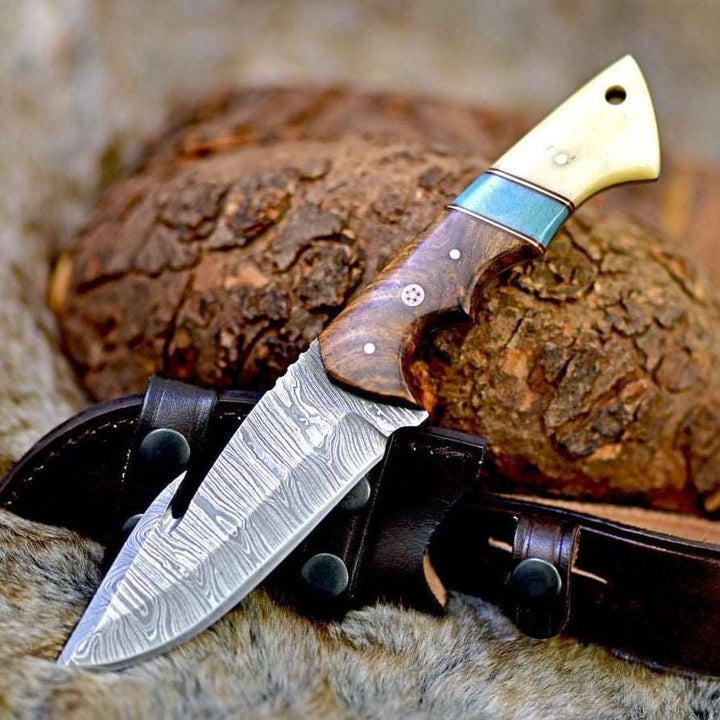 Damascus Knife - Gravity Damascus Gut Hook Hunting Knife with Exotic Rose Wood and Bone Handle - Shokunin USA