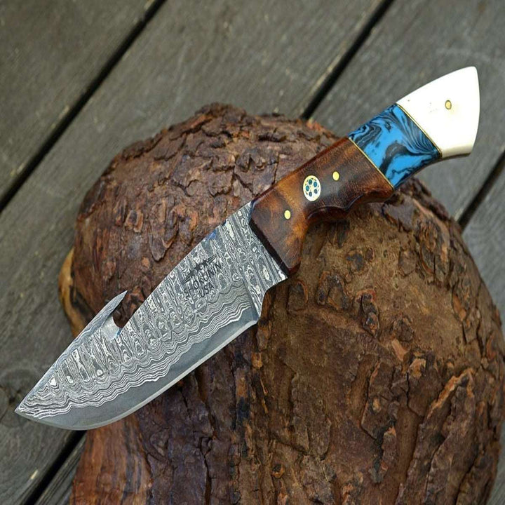 Harmony Gut Knife – Harmony Gut Hook Damascus Hunting Knife with Rosewood Bone &amp; Turquoise Handle – shokuninusa