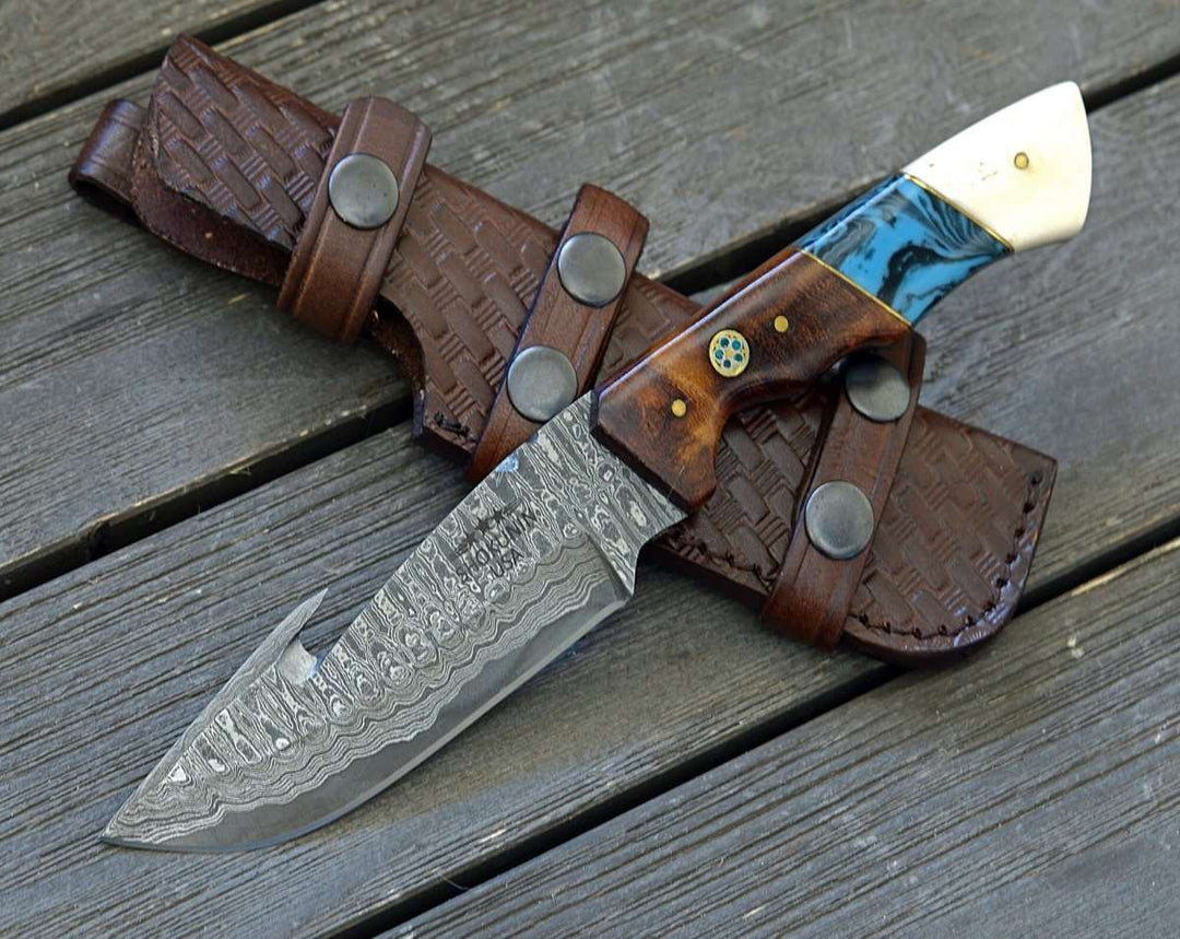 Harmony Gut Knives - Harmony Gut Hook Hunting Knife with Rosewood Bone &amp; Turquoise Handle - Shokunin USA