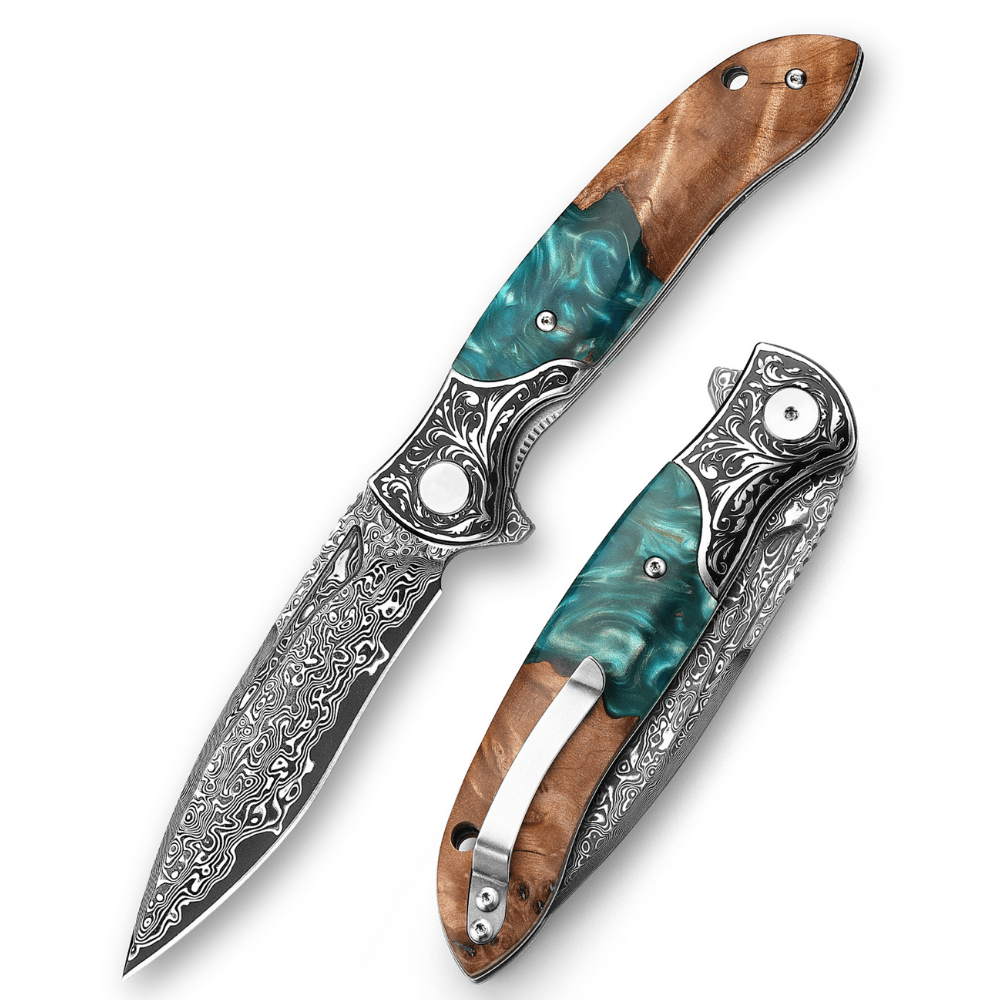 Helios Japanese Damascus Pocket Knife VG-10 with Exotic Stabilized Olive Burl Wood Handle - Shokunin USA