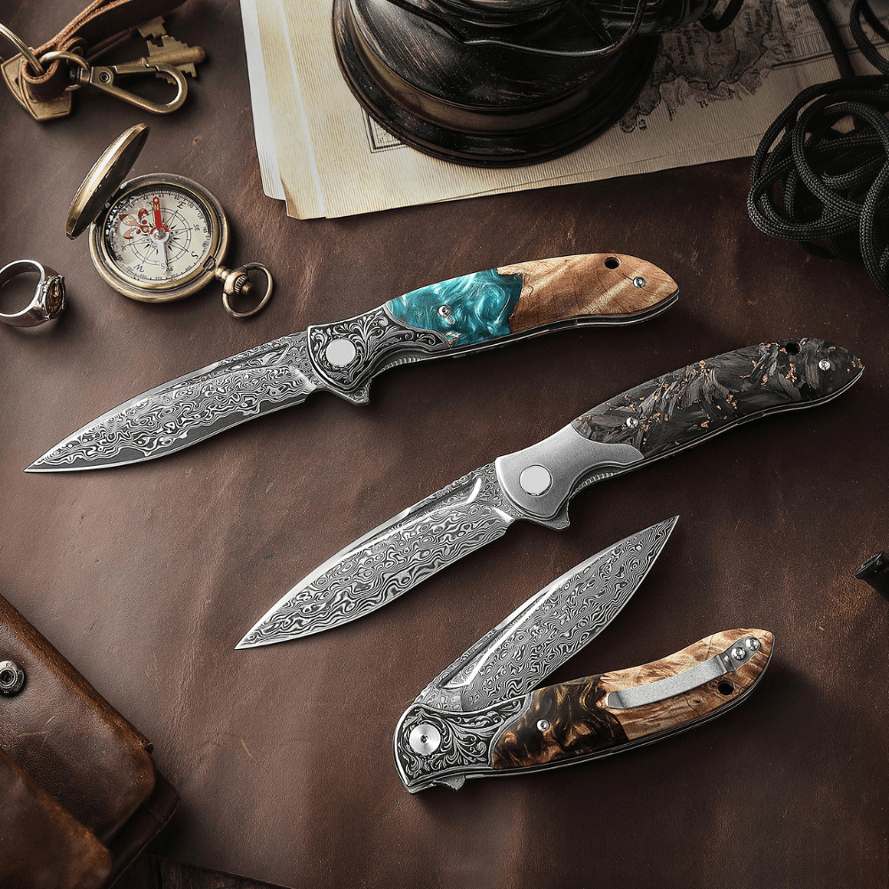 Helios Knife – Helios Japanese Damascus Pocket Knife VG-10 with Exotic Stabilized Olive Burl Wood Handle – shokuninusa