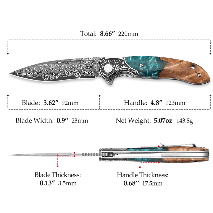 Helios Pocket Knife – Helios Japanese Damascus Pocket Knife VG-10 with Exotic Stabilized Olive Burl Wood Handle – shokuninusa