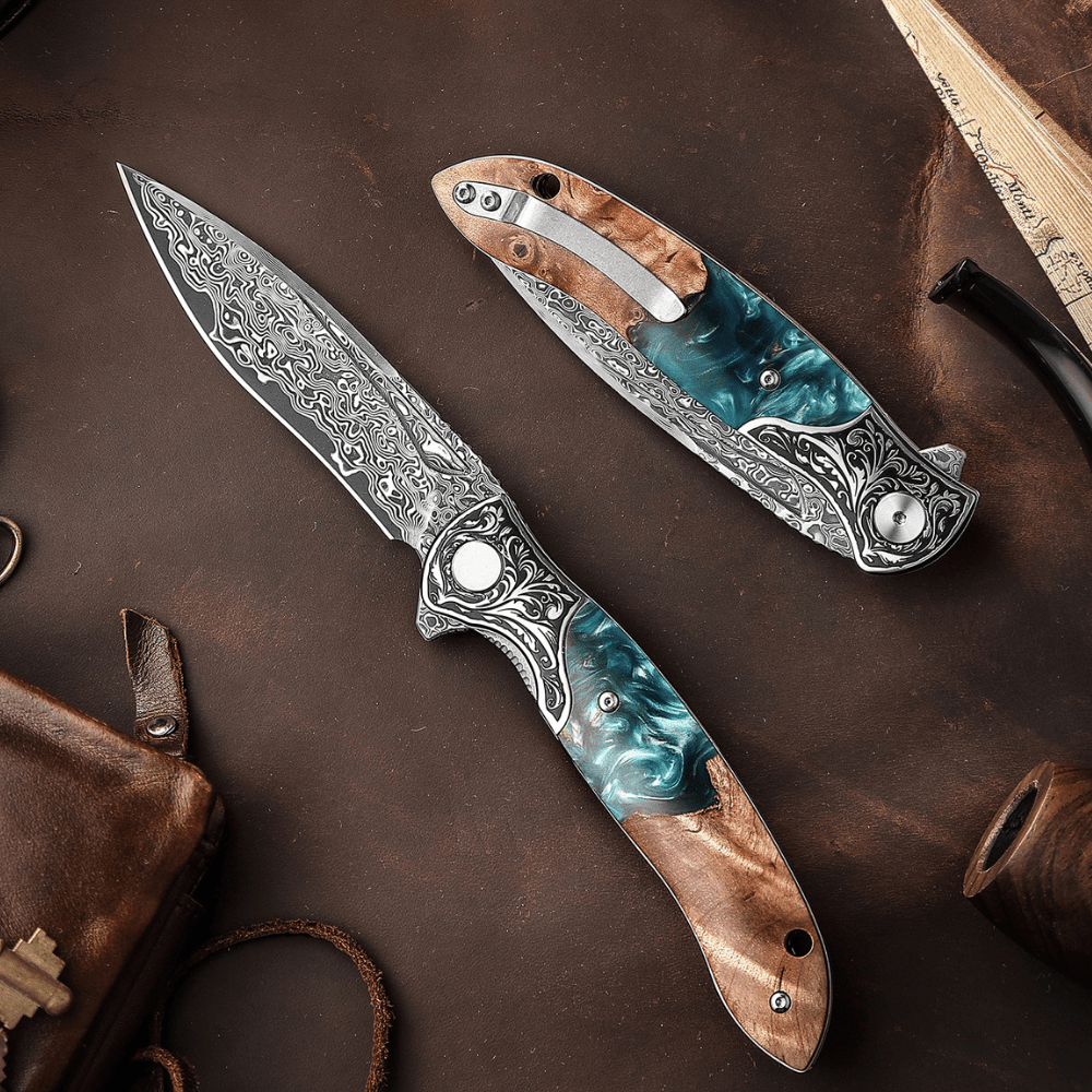 Artisan EDC Knives – Helios Japanese Damascus Pocket Knife VG-10 with Exotic Stabilized Olive Burl Wood Handle – shokuninusa