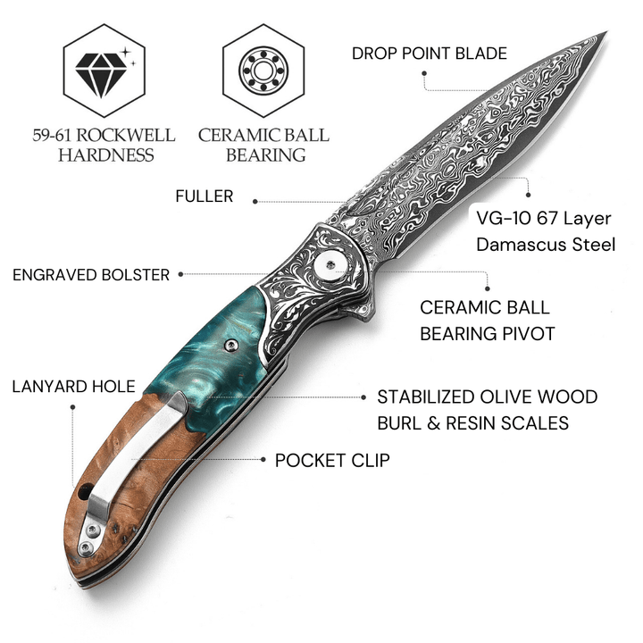Helios Pocket Knives – Helios Japanese Damascus Pocket Knife VG-10 with Exotic Stabilized Olive Burl Wood Handle – shokuninusa