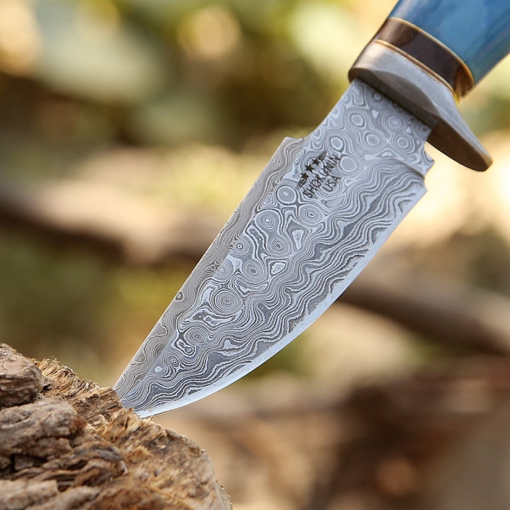 Hellfire Damascus Knife – Hellfire Handmade Damascus Hunting Knife with Leather Sheath – shokuninusa