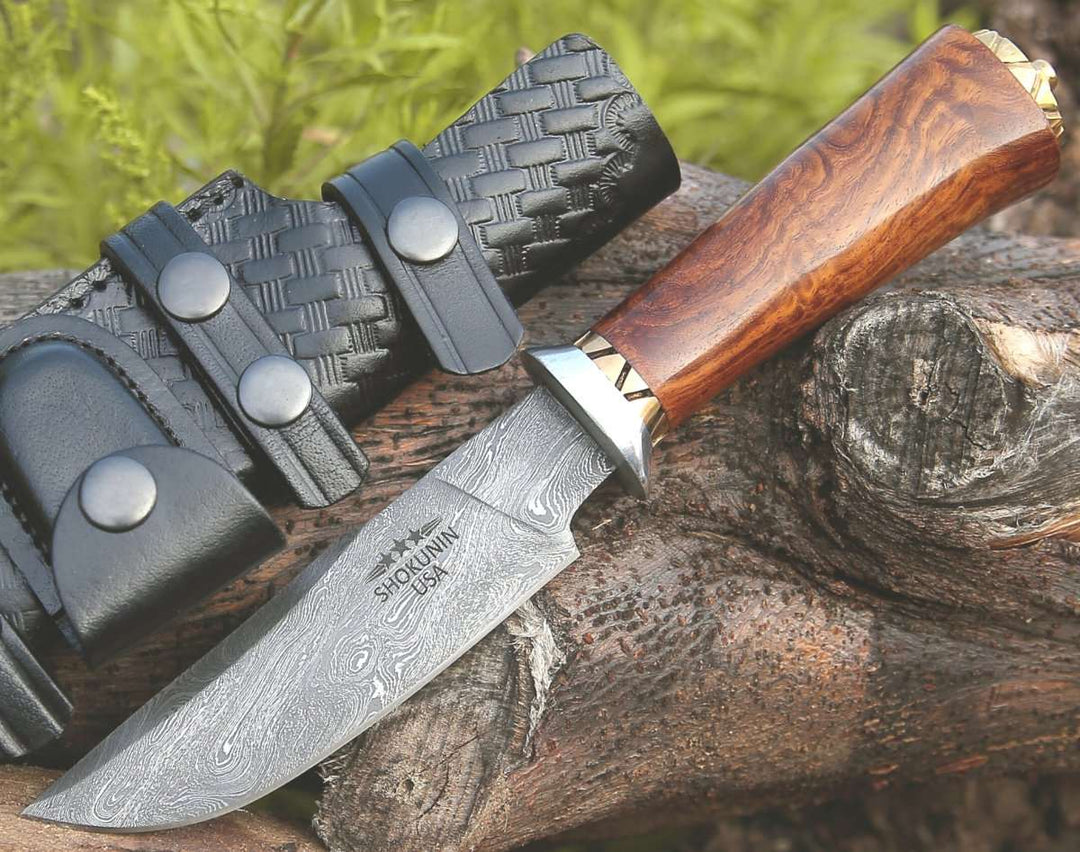 Damascus Engraved Knives – Holy Defender Damascus Hunting Knife with Exotic Rose Wood Handle – shokuninusa