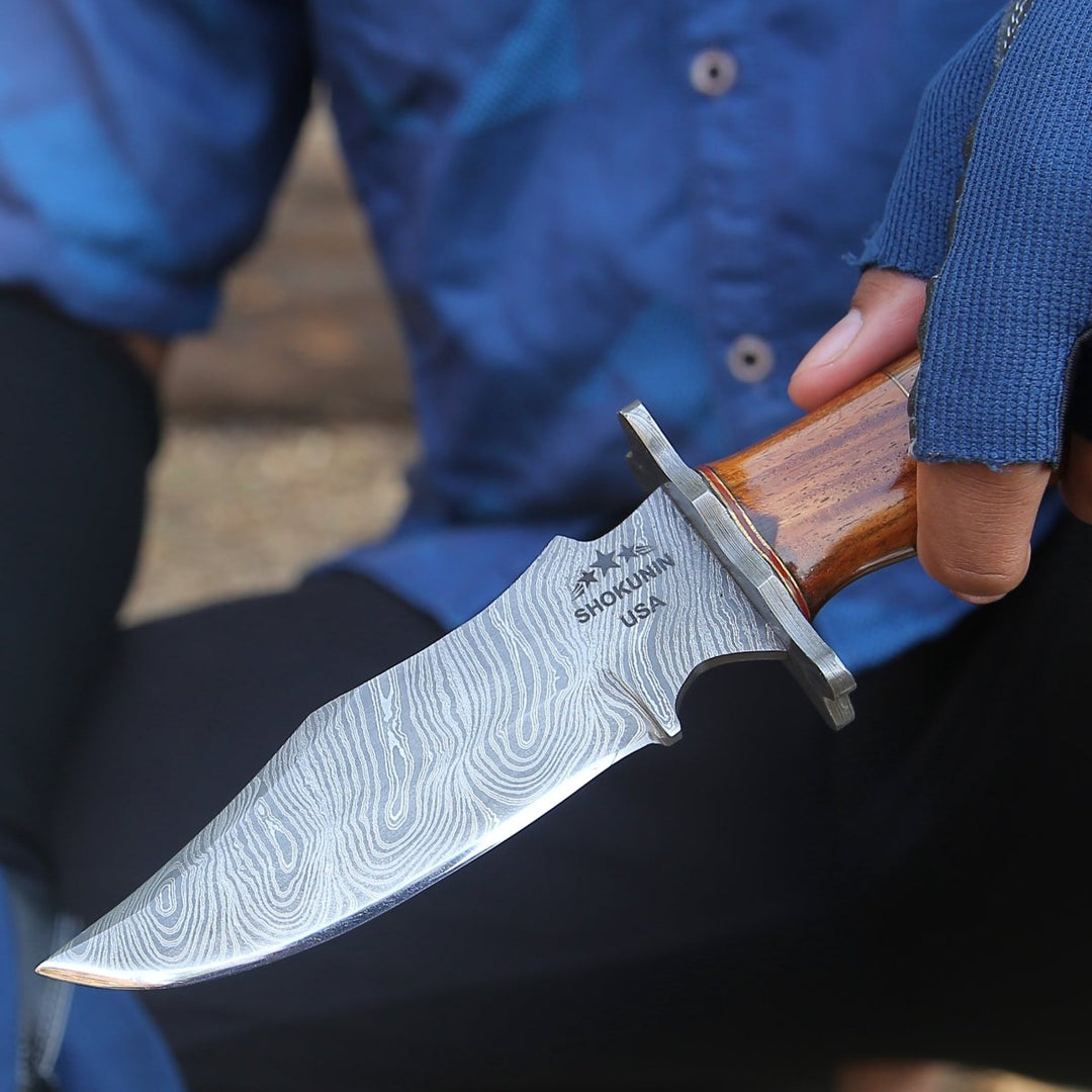 Hornet Bowie Knives - Hornet Custom Damascus Hunting Knife with Exotic Rose Wood Handle &amp; Sheath - Shokunin USA