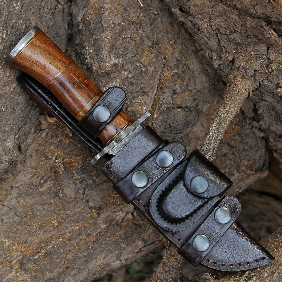 Hornet Damascus Knife - Hornet Custom Damascus Hunting Knife with Exotic Rose Wood Handle &amp; Sheath - Shokunin USA
